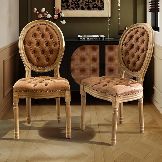 SoarFlash French Dining Chairs Set of 4, Vantage Dining Chair with Round Back, Farmhouse Country PU Leather Dining Chair for Kitchen,Bedroom,Orange