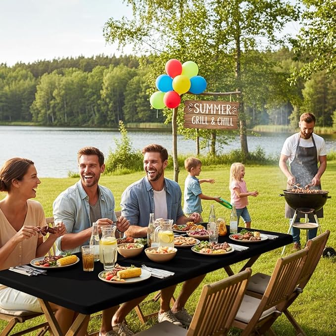 Smiry Rectangle Picnic Table Cloth, Waterproof Elastic Fitted Tablecloths for 6 Foot Tables, Washable Polyester Table Cover for Camping, Indoor and Outdoor (Black, 36"x72")