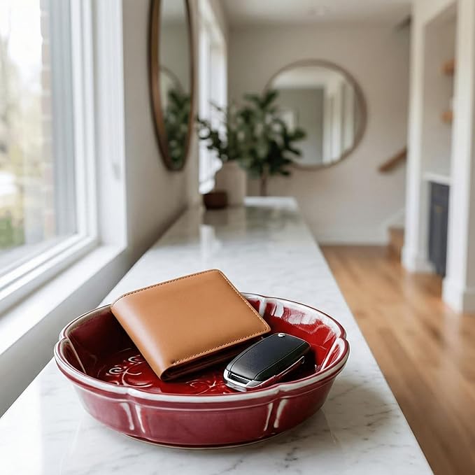 7.8" Oxblood Red Ceramic Decorative Bowl for Kitchen & Entryway Table, Fruit and Keys(Red)
