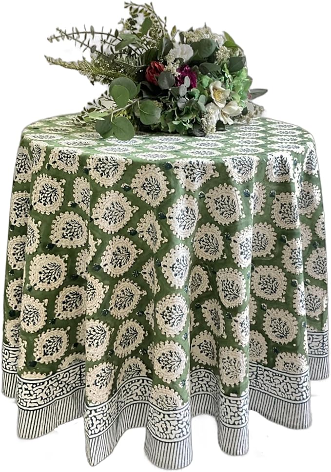ATOSII Kari Green 100% Cotton Round Boho Spring Summer Tablecloth, Block Print Floral Table Cloth Linen for Dining, Parties, Weddings, OutdoorsI Home Table Decor 72" Inches Round