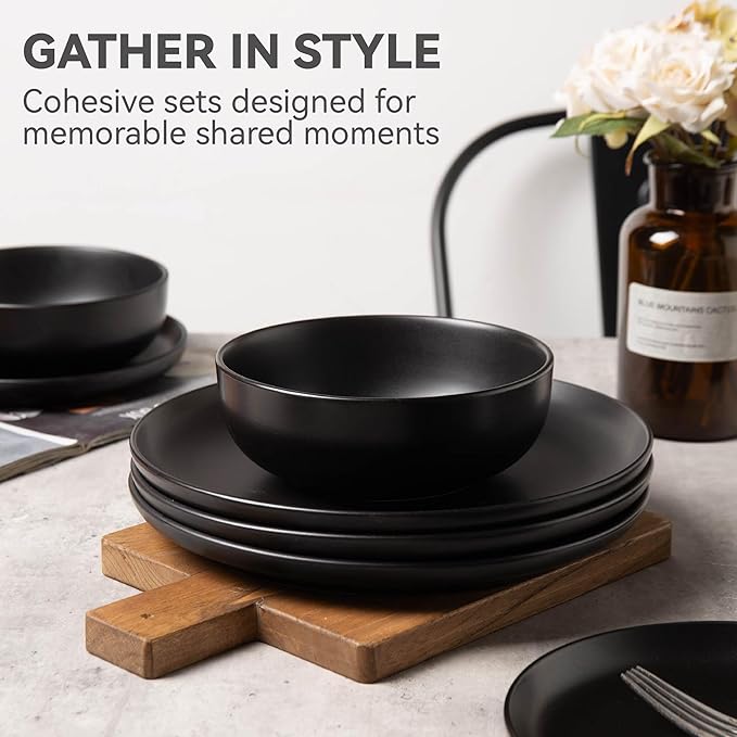 12-Piece Stoneware Dinnerware Set with Mugs | Microwave and Dishwasher Friendly | Stackable Matte Glaze Plates & Bowls | Service for 3 (Black for 4)