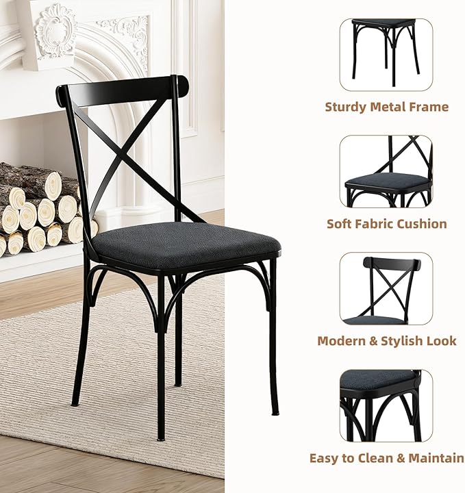 47" Round Dining Table Set for 4-6 People, Large Farmhouse Kitchen Dining Table Set with Chairs and Storage Rack, Metal Base Round Table for Home Dining Room Living Room (Cat table and 4 black chairs)