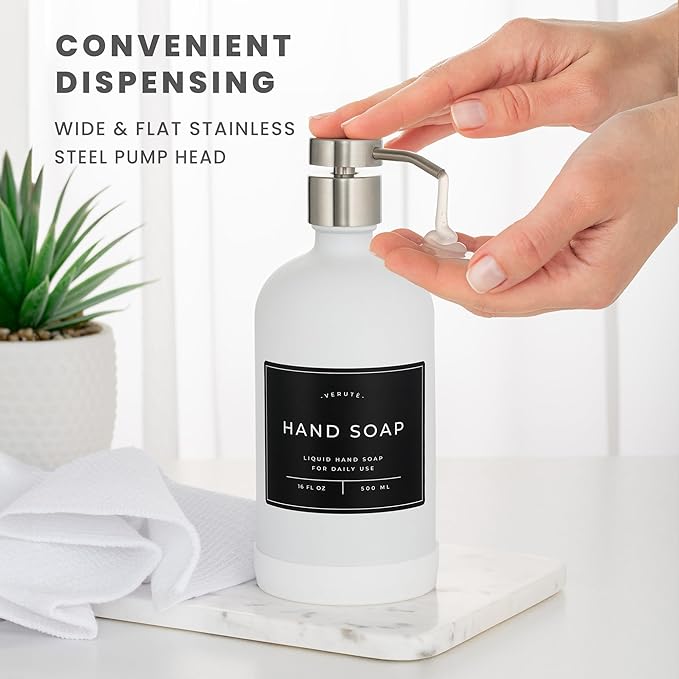 Hand and Dish Soap Dispenser for Kitchen and Bathroom, Set of 2 16 Oz Glass Bottles, Stainless Steel Pumps, Non-Slip Silicone Base, 27 Waterproof Labels (Matte White Bottle/Brushed Silver Pump)