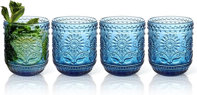 Topsky Vintage Drinking Glasses Set of 4,12oz Drinkware Set,Blue Glass Cups Wine Glasses Colored Glassware for Whisky,Beer,Juice,Cocktail,Heavy Duty