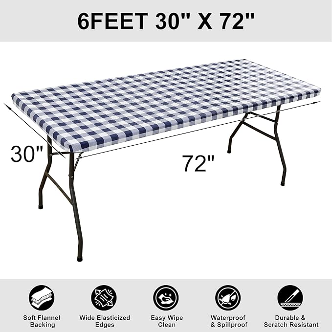 Smiry Rectangle Picnic Table Cloth, Elastic Waterproof Fitted Vinyl Tablecloths, Flannel Backed Buffalo Plaid Table Covers for Dining, Camping, Outdoor (White and Navy, 30" x 72")