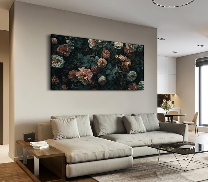 ADJUVANT Wall Art Floral 48"L x 24"W, Dark Hued Vintage Flowers With Lush Foliage Canvas Painting Elegant Blooms Artwork Retro Garden Prints Floral Wall Decor for Living Room Bedroom Study Home Office