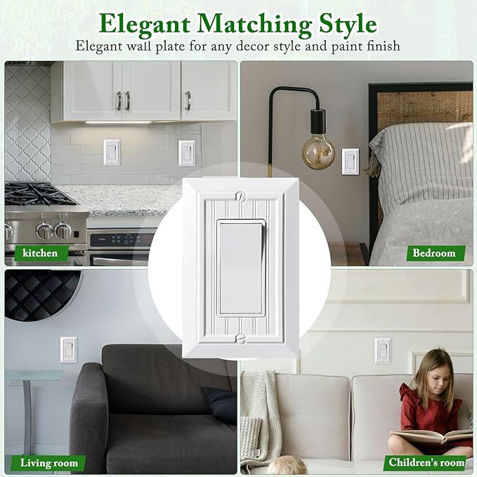 Beadboard Outlet Covers Wall Plates, Bamboo Fiber Light Switch Covers, Natural Material Electric Receptacle Decorative Switch Plate Outlet Cover (Pure White, 1 Gang Decorator 4 Pack)