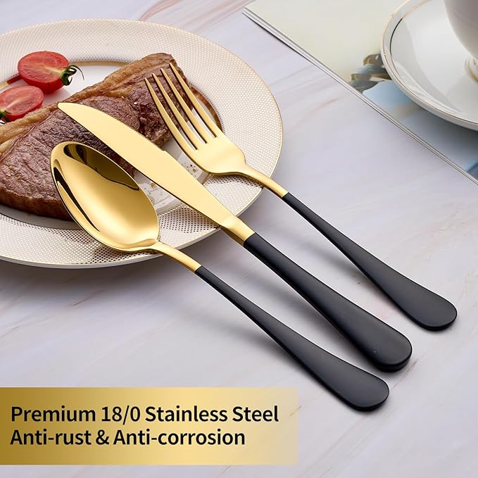 20-Piece Black & Gold Silverware Set, 18/0 Stainless Steel Colorful Handle Flatware Set, Service for 4, Modern Cutlery Set Includes Dinner Knives Forks Spoons, Mirror Polished, Dishwasher Safe
