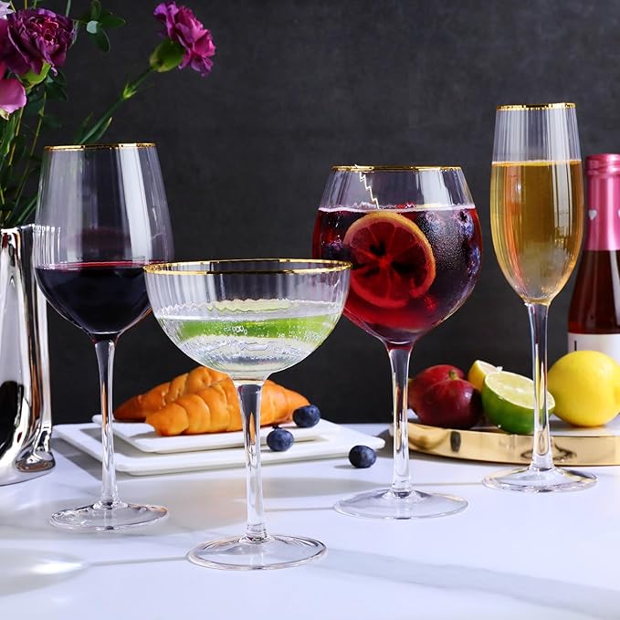 Royalrose Premium Cheerfull Wine Glasses, 14.2 oz Hand-Blown Glasses with Gold Rim, Fluted Design, Elegant Gift Packaging, Perfect for Special Occasions (4)