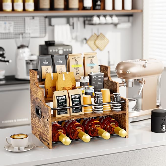 KLM 4-Tier Wood Display Shelf, Black Modern Bottle Organizer, Countertop Bar Stand for Liquor, Coffee Syrup, (Brown)