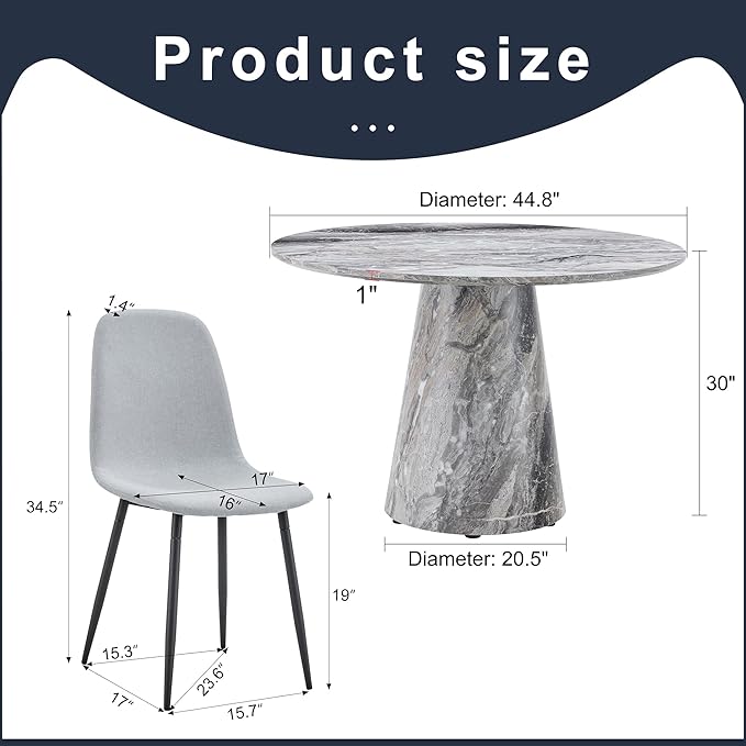 Round Dining Table Set for 6, 45" Modern Faux Marble Kitchen Table and Upholstered Chairs, 7 Piece Circle Dinner Set for Dining Room, Kitchen (Marble Gray Set)