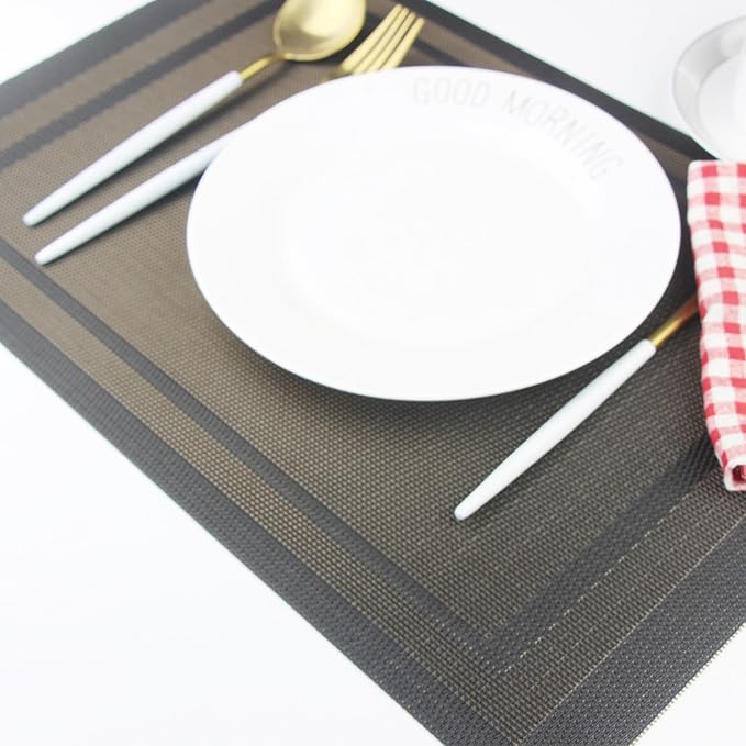 Placemats Vinyl Washable for Dinner Table Stain Insulation Easy to Clean Table Mats Set of 6 (Gold+Black)