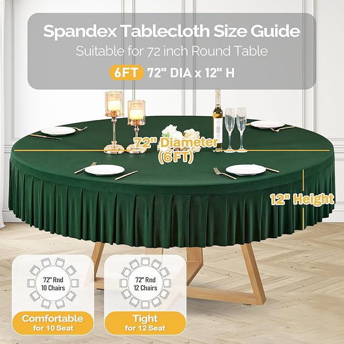 4 Pack Hunter Green Spandex Round Tablecloths for 72in Table, Stretchy Fitted 6FT Round Table Cloths, Wrinkle Free Table Cover with Skirt for Wedding Birthday Party Bridal Shower Banquet