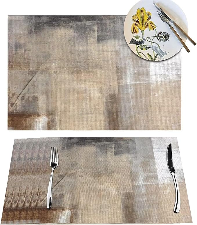 Placemats Set of 4 Taupe Grey Brown Place Mats Beige Ombre Modern Rustic Woven Table Mats Washable Abstract Art Print PVC Placemat for Dining Kitchen Decor Indoor Outdoor, 12 x 18 Inch