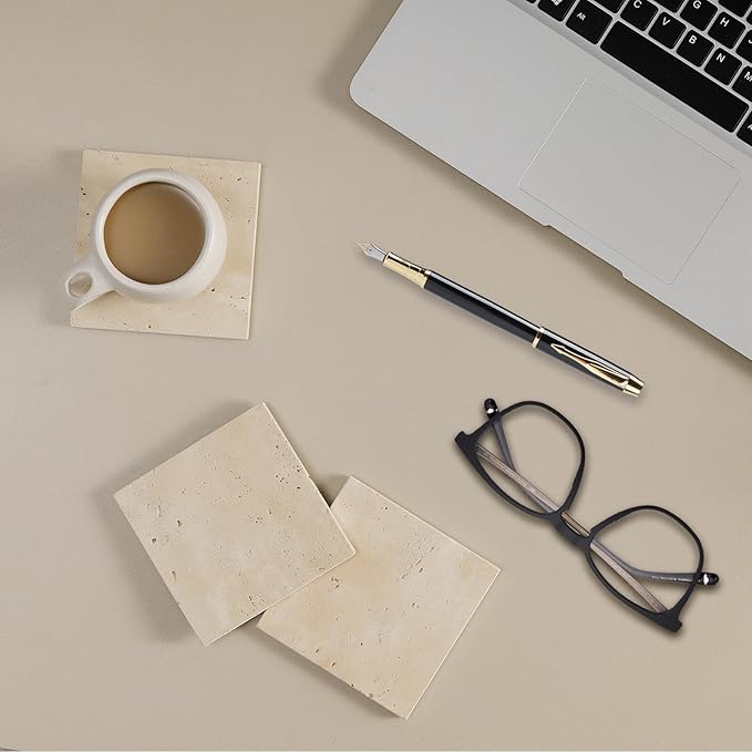 Square Travertine Coasters Set of 6, Porous Natural Stone Absorbent Coaster with Velvet Backing for Table Protection, Rustic Beige Marble Coasters for Home Table Decor, 4 Inches