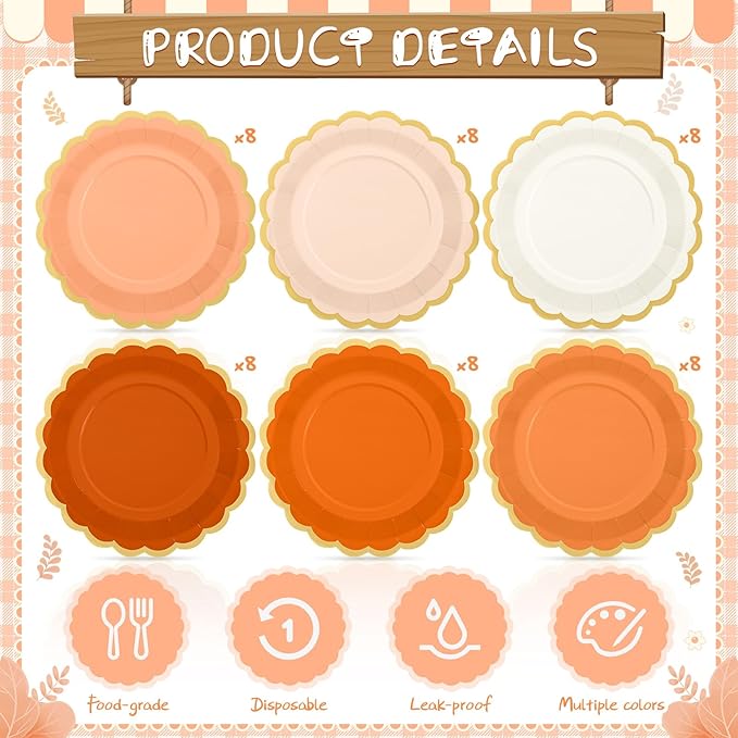 48 Pcs Beige-Orange Peach Paper Plates 9 Inch Gradient Scalloped Paper Disposable Dinner Dessert Plates for Birthday Wedding Bridal Party Supplies, 6 Colors