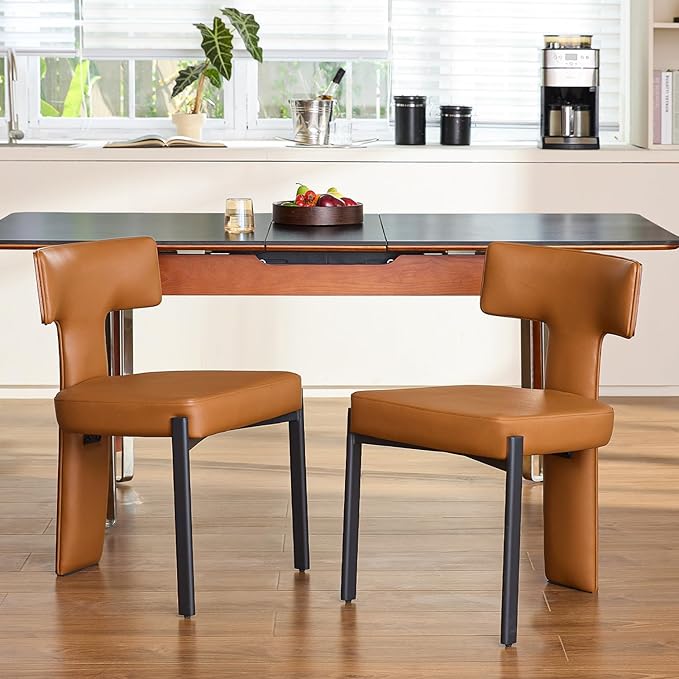 Brown Dining Chairs Set of 2,Faux Leather Dining Chairs with Soft Cushion,Comfortable Upholstered Armless Dining Room Chairs with Curved Plywood Back