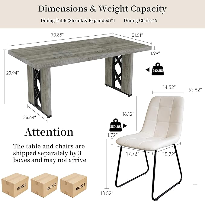 7-Piece Dining Table Set for 6 People, 70.8" MDF Kitchen Table with 6 Upholstered Chairs, Space-Saving for Dining Room, Breakfast Nook(Grey Table+6 White Chairs)