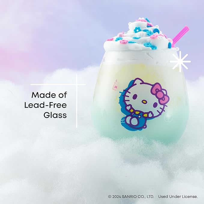 JoyJolt Hello Kitty & Friends Above the Clouds Stemless Drinking Glasses, 15 oz Ombre Glass Cup Set of 4 ft Hello Kitty Keroppi My Melody Pompompurin, Kawaii Kitchen Glassware Sets
