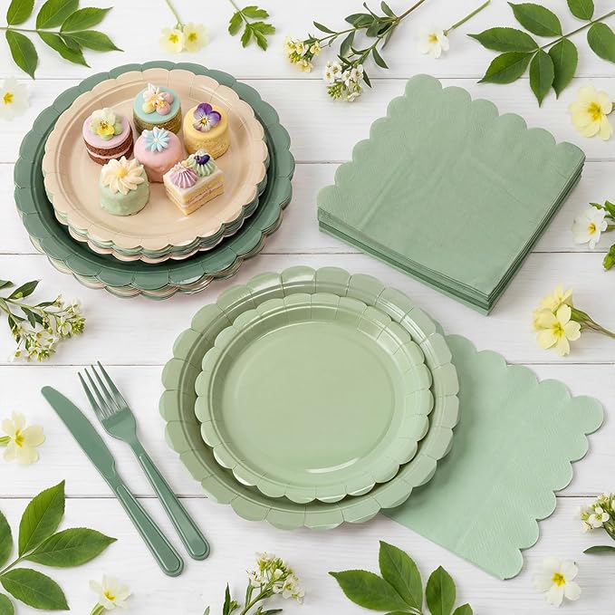110pcs Sage Green Plates and Napkins Tableware Set Serve 25 Guests Includes Scalloped 9" 7" Paper Dessert Dinner Plate Green Series Napkins for Spring Birthday Wedding Baby Shower Tea Party