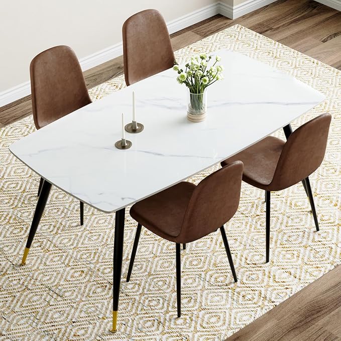 Table and Chairs Set of 4, Dining Room Table Set for 4, Sintered Stone Kitchen Table Top and Modern Chairs Set of 4 for Kitchen Dining Room