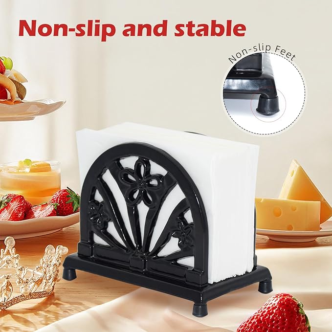 Napkin Holder for Table, Vintage Cast Iron Paper Napkins Tissue Dispenser with Daffodil Pattern for Kitchen Dining Room Countertop Decor, Black