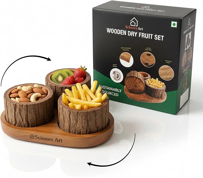 Wooden Snack Bowl Set with Tray – Mango Wood Dry Fruit & Nut Serving Bowls, Rotating Tree Bark Design, Rustic Wooden Candy Bowl Set for Home, Party & Gifting (3 Pieces with Tray)