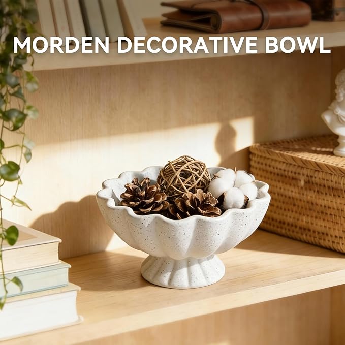Pedestal Decorative Bowl Home Decor - Morden Handicraft Decorative Fruit Bowl for Kitchen Counter, Chic Ruffle Bowl Centerpiece Decor for Dining Table Coffee Table (Spotted White)