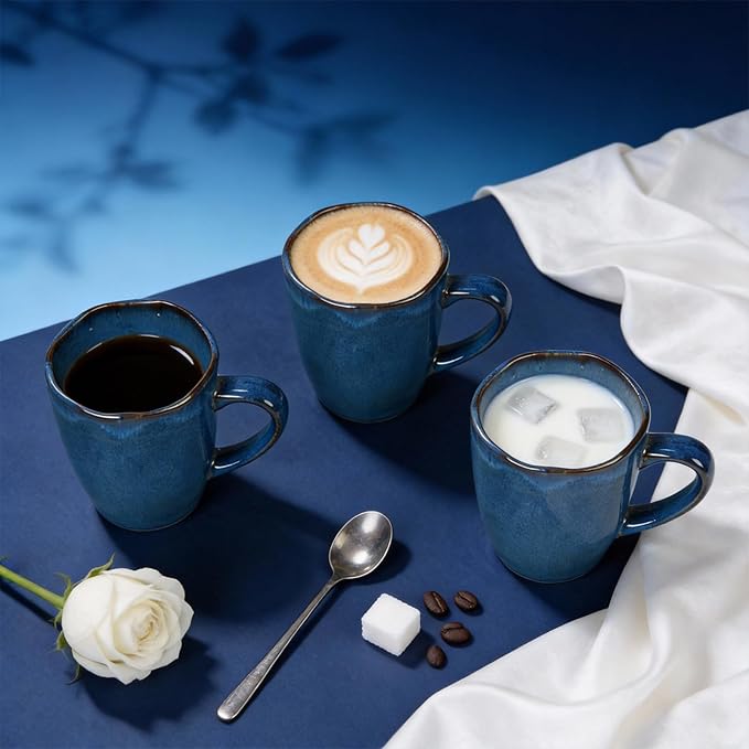 Organic Shape Highland Ceramic Mug, 24pcs 12oz Handmade Reactive Glaze Stoneware Coffee Mug with Wavy Edge, for Kitchen, Microwave & Dishwasher Safe, Scratch Resistant-Blue