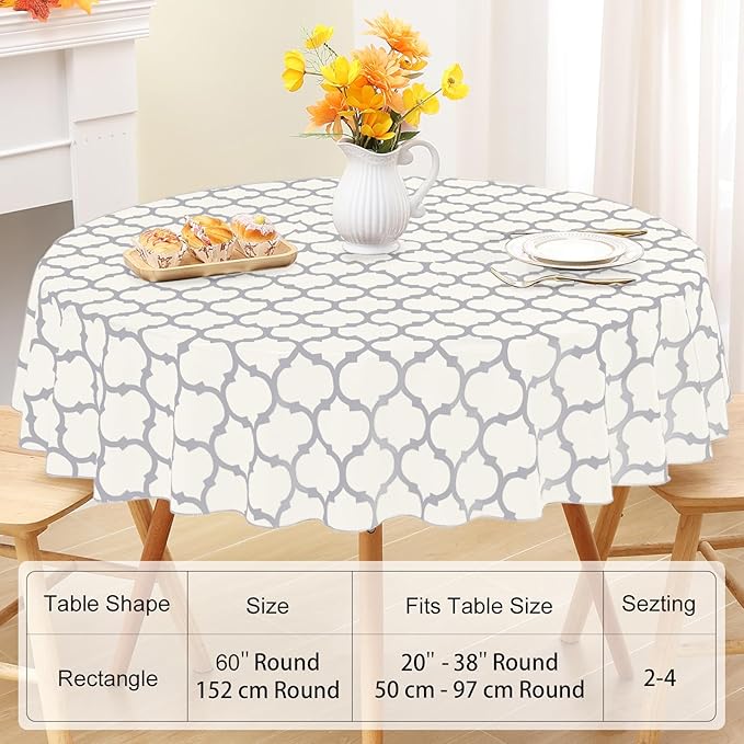 Smiry Round Plastic Table Cloth, Waterproof Vinyl Tablecloth with Flannel Backing for Round Tables, Wipeable & Spillproof for Dining, Camping, Indoor and Outdoor (60" Round, Beige)