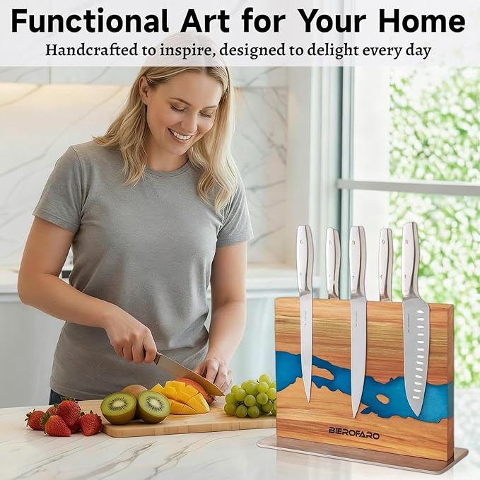 Resin River Magnetic Knife Block with Steel Base, Double-Sided Acacia Wood Knife Holder for Chef Knives, Modern Kitchen Organizer