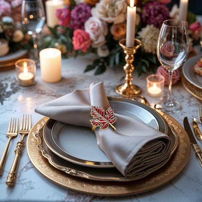 Decozen Set of 4 Red Gold Napkin Rings in Maple Design, Festive, Table Decor Setting for Holiday, Wedding, Birthday, Kitchen, Home Decor, Housewarming Gift - Thanksgiving Decoration