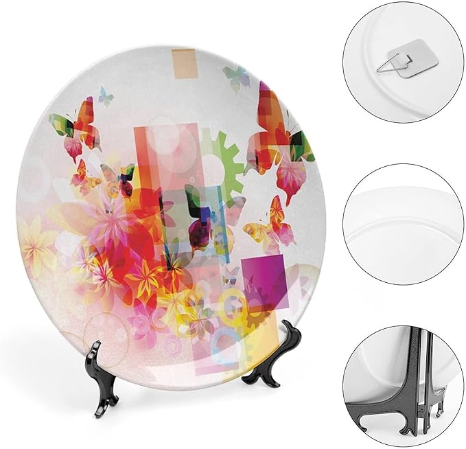 Decorative Plates, Abstract Print Ornament, Natural Design Flowers Leaves Squares Rounds, 6 Inch, Kitchen Wall Decor, Multicolor