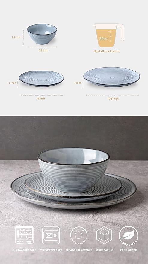famiware Plates and Bowls Sets for 4, 12 Pieces Stoneware Dinnerware Sets, Dishes Set, Reactive Glaze Dishware Sets, Dishwasher & Microwave Safe, Tempus Series - Pearl Blue