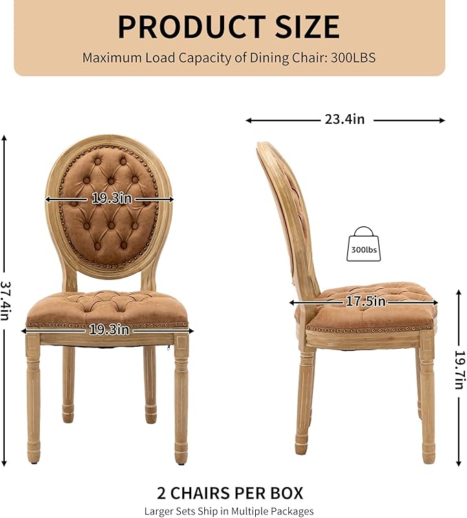 Vintage French Dining Chairs Set of 4, Round Back PU Leather Upholstered Accent Chairs with Nailhead Trim and Solid Wood Frame, Farmhouse Sillas de Comedor for Dining Room & Kitchen, Whiskey Brown