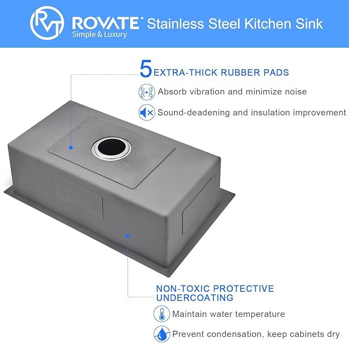 ROVATE 28 ×18 Inch Drop-in Kitchen Sink 304 Stainless Steel Single Bowl, Handmade 18 Gauge 9 Inches Deep Kitchen Sink Topmount with Basket Strainer
