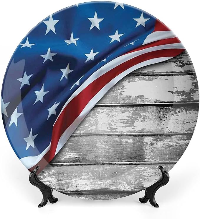Ceramic Plates, American Flag Decor Decorative Ceramic Plates, Flag Over Antique Rustic Rippled Board, 8 Inch, for Dining, Parties, Wedding, Grey Navy