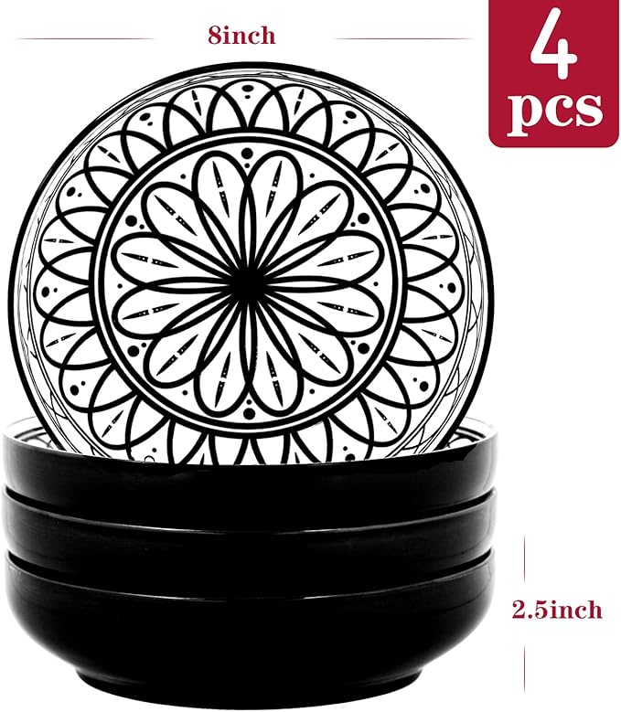 Yundu 38 Ounce Pasta Bowl Set of 4, Large Salad Serving Porcelain Bowls, Microwave Dishwasher Safe, Black
