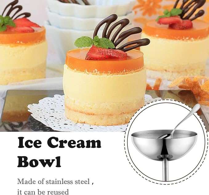 Ice Cream Bowls Stainless Steel Dessert Cups with Spoons Reusable Footed Sundae Cups Ice Cream Cups for Dessert, Frozen Yogurt, Gelato, Birthday Party Decorations (4, Silve)