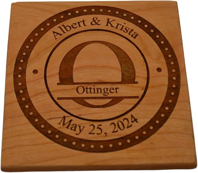 Personalized Wooden Coasters with Monogram, Wedding Date Engraved, Family Name- Choice of Wood (Split Letter Monogram)