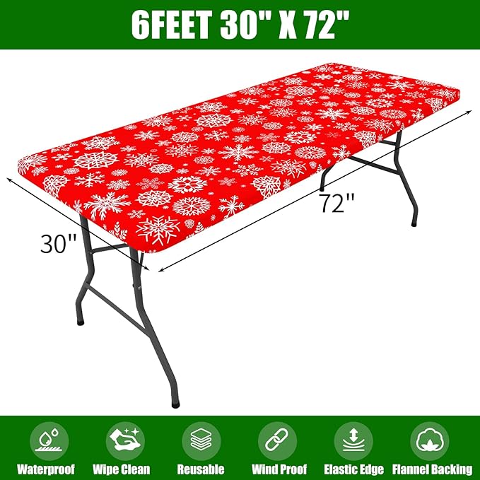 Smiry Plastic Christmas Tablecloth, Snowflake Waterproof Elastic Fitted Table Covers, Wipeable Flannel Backed Vinyl Tablecloths for Christmas Dinner, and New Year Celebration (Red, 30x72 Inches)