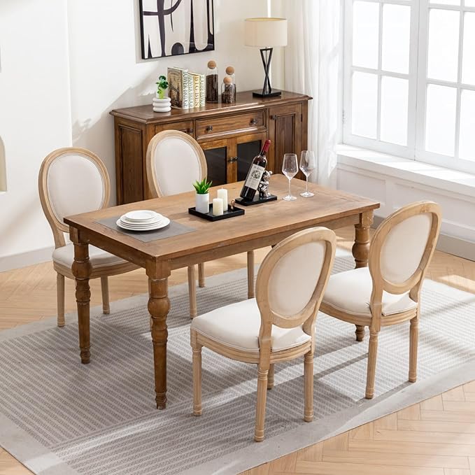 Ball & Cast French Vintage Upholstered Dining Chairs Set of 2, Farmhouse Antique Painting Wooden Kitchen Side-Chairs with Carved Solid Wood Frame, 2-Piece Curved Backrest Louis Chair, Linen Beige
