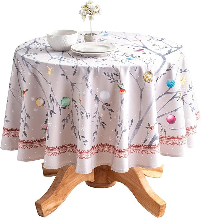 Maison d' Hermine Table Cloth Round Table 100% Cotton 69 Inches Fall Tablecloth Reusable Everyday Use for Thanksgiving Christmas Decorations Dining Farmhouse Party (Fairy Christmas)