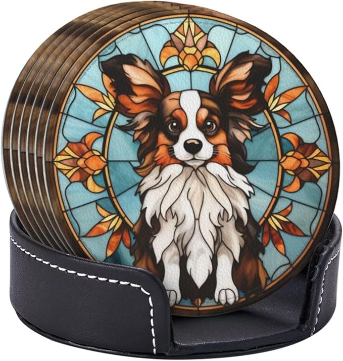 Drink Coaster Set of 6, Papillon Dog Mom Lover Gift,Leather Drink Coasters with Holder,6 Pack Cup/Bar/Drink Coasters for Table/Drinks/Coffee Protection Housewarming Gift