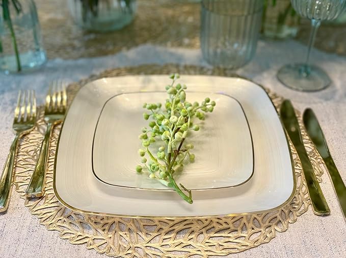 " OCCASIONS " 240 Pieces Pack,(120 Guests) Premium Wedding Party Disposable Plastic Plates Set -120 x 10'' Dinner + 120 x 7'' Salad/Dessert (Belize Square in Ivory & Gold)