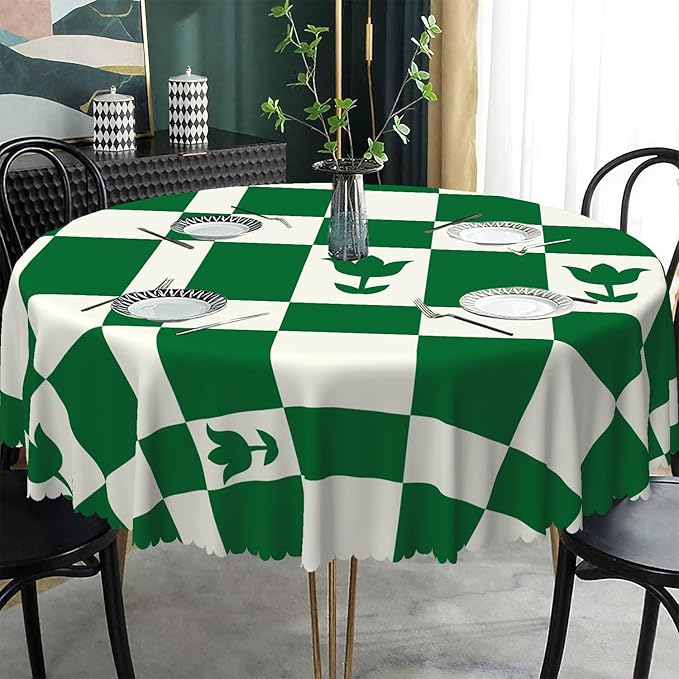 Laeacco 54 Inch Geometric Round Tablecloth Green White Plaid Square Flower Modern Abstract Art Print Table Cloth Washable Waterproof Wrinkle Free Table Cover for Kitchen Dining Picnic Party Decor