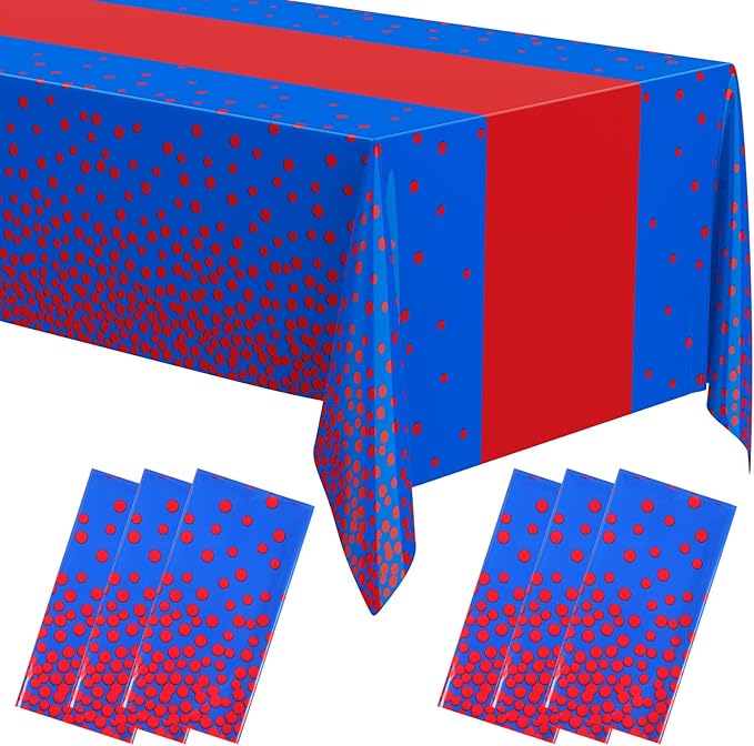 Oudain 6 Pcs Blue and Red Tablecloth for Parties Plastic Dot Tablecloths Printed Table Runner Waterproof Disposable Rectangle Table Cover for Christmas Birthday Wedding Party, 54" x 108"