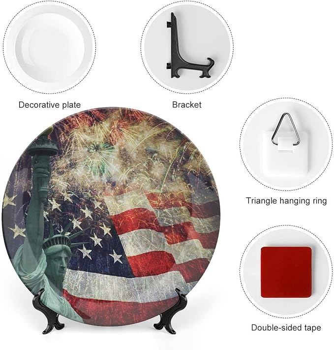 Ceramic Display Plate, American Flag Ceramic Hanging Decorative Plate, Fireworks 4th of July, 6 Inch, Household Custom Ceramic Plate, Multicolor