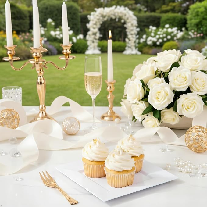 supernal 200Pcs White Dessert Plates,White Disposable Square Plates for 100 Guests, Including 100 Plastic Appetizer Plates and 100 Dessert Forks for Party Valentine's Day Afternoon tea