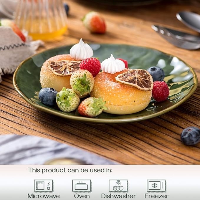 vicrays Ceramic Round Dessert Salad Plates - 8 Inch, Set of 6, Microwave, Oven, and Dishwasher Safe, Scratch Resistant, Porcelain Fluted Suitable for Snacks, Appetizer, Home, Party (Green)